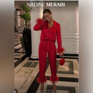 NADINE MERABI Red Feather Trim Pajama Set